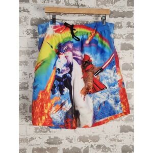 Novelty Swim Trunks Shorts Men's XXL Cat Riding Unicorn Lightsaber Flame Rainbow